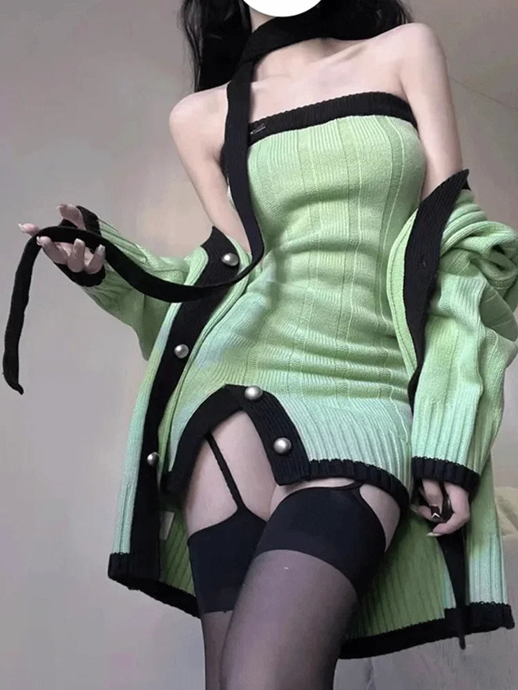 Autumn Green Knitted Suits Bandeau Slim Casual Y2k Cardigan Top+ Mini Dress Korea Fashion Clothing Even Party 2 Piece Dress Set