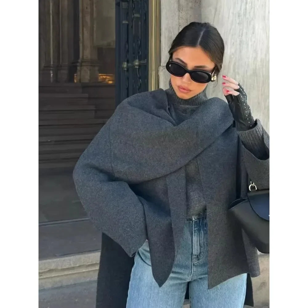 zark Warm Coat 2024 Autumn Lady Overcoat Women Fashion Scarf Decorated Woolen Jacket Solid Long Sleeve Loose Warm Overcoat