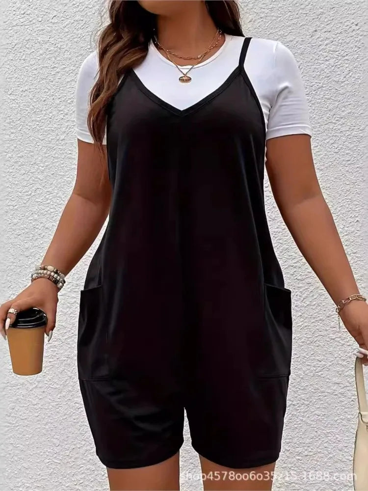 Plus Size Summer Sleeveless Slip Jumpsuit Women Casual Fashion Ladies Jumpsuits Pleated Loose Wide Leg Woman Jumpsuit Shorts