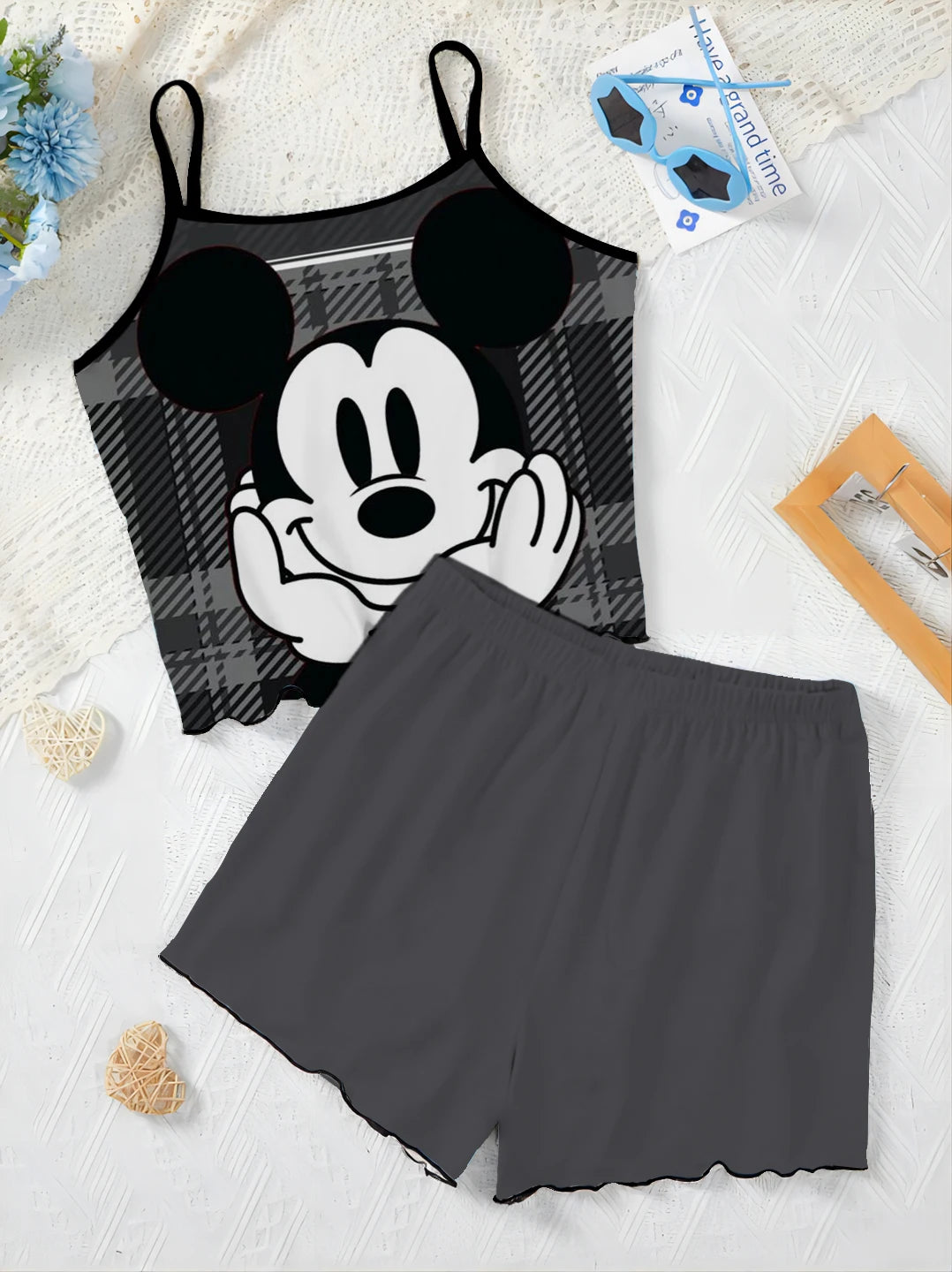 Top Disney Minnie Mouse Short Sets for Women 2 Pieces Lettuce Trim T-shirt Mickey Slip Dress Women's Suit Pajama Skirt Elegant
