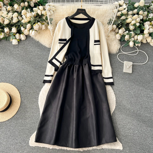 Chic Twp-piece Sets Casual Loose Patchwork Coat Basics Sleeveless Spliced A-line Sundress Evening Autumn Winter Women Clothing
