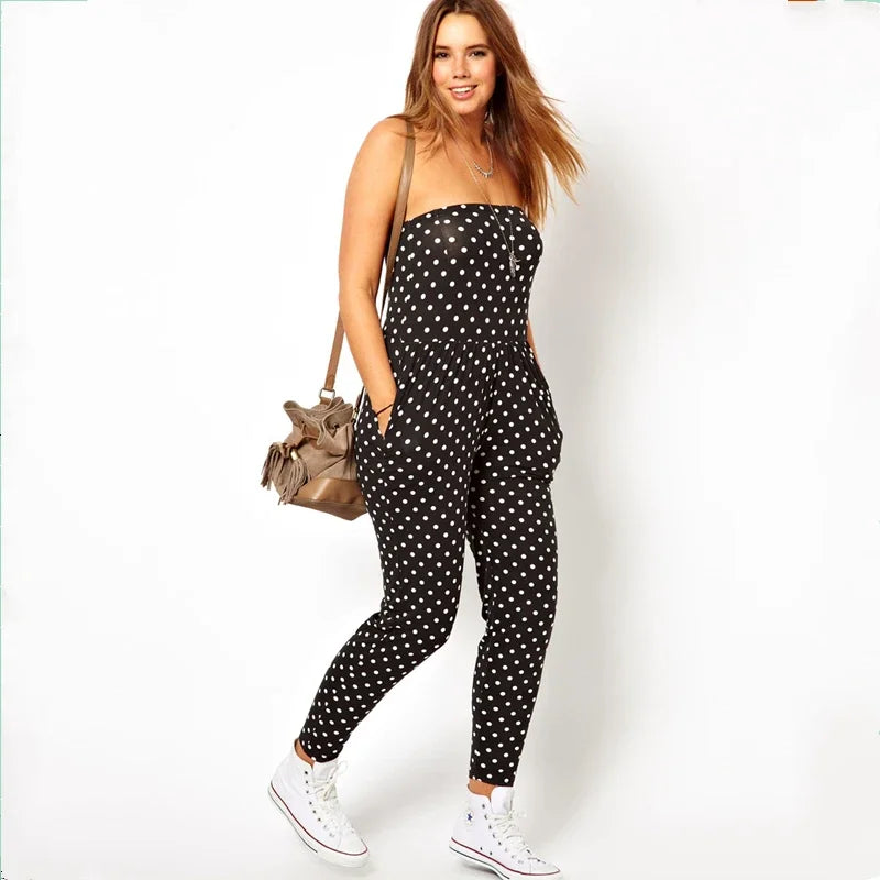 Plus Size Dot Print Casual Jumpsuits Sleeveless Off Shoulder Pocket Design Elastic Waist Formal Office Elegant Jumpsuits 6xl 7xl