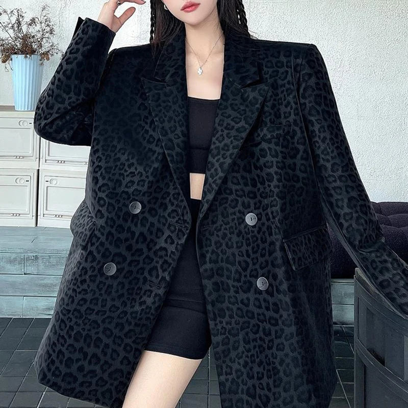 [EWQ] Streetwear Leopard Print Blazer Coat Long Sleeve Double Breasted Women Loose Office Lady Suit Jacket 2024 Winter 16O3380