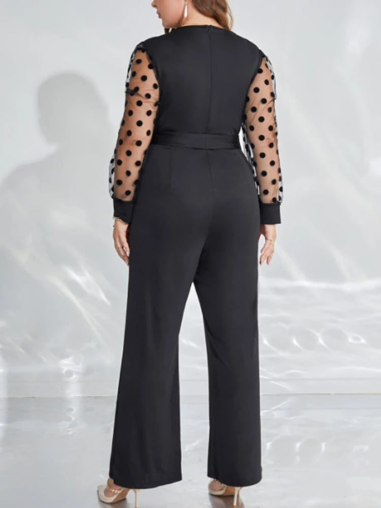 Black Jumpsuits Plus Size 4XL V Neck Long Dot Sleeve High Waist Wide Leg Pants Rompers Overalls for Women Evening Casual Party