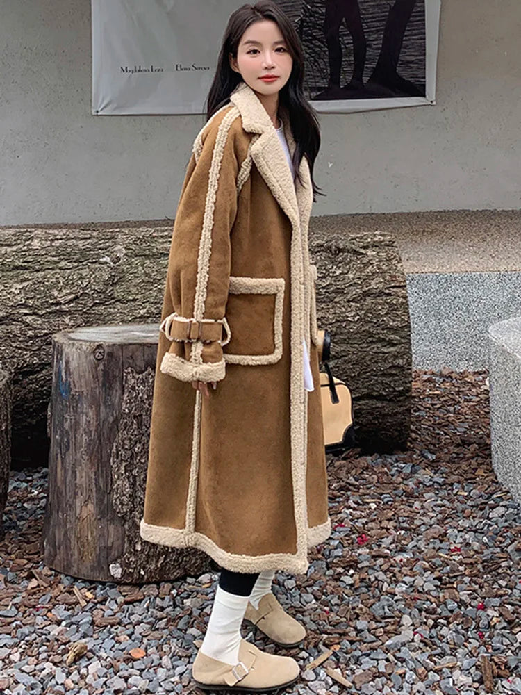 LANMREM Lamb Wool Long Coat For Women Patchwork Lapel Big Pockets Thick Winter Warm Overcoat Female Clothing 2024 New 2DB1058