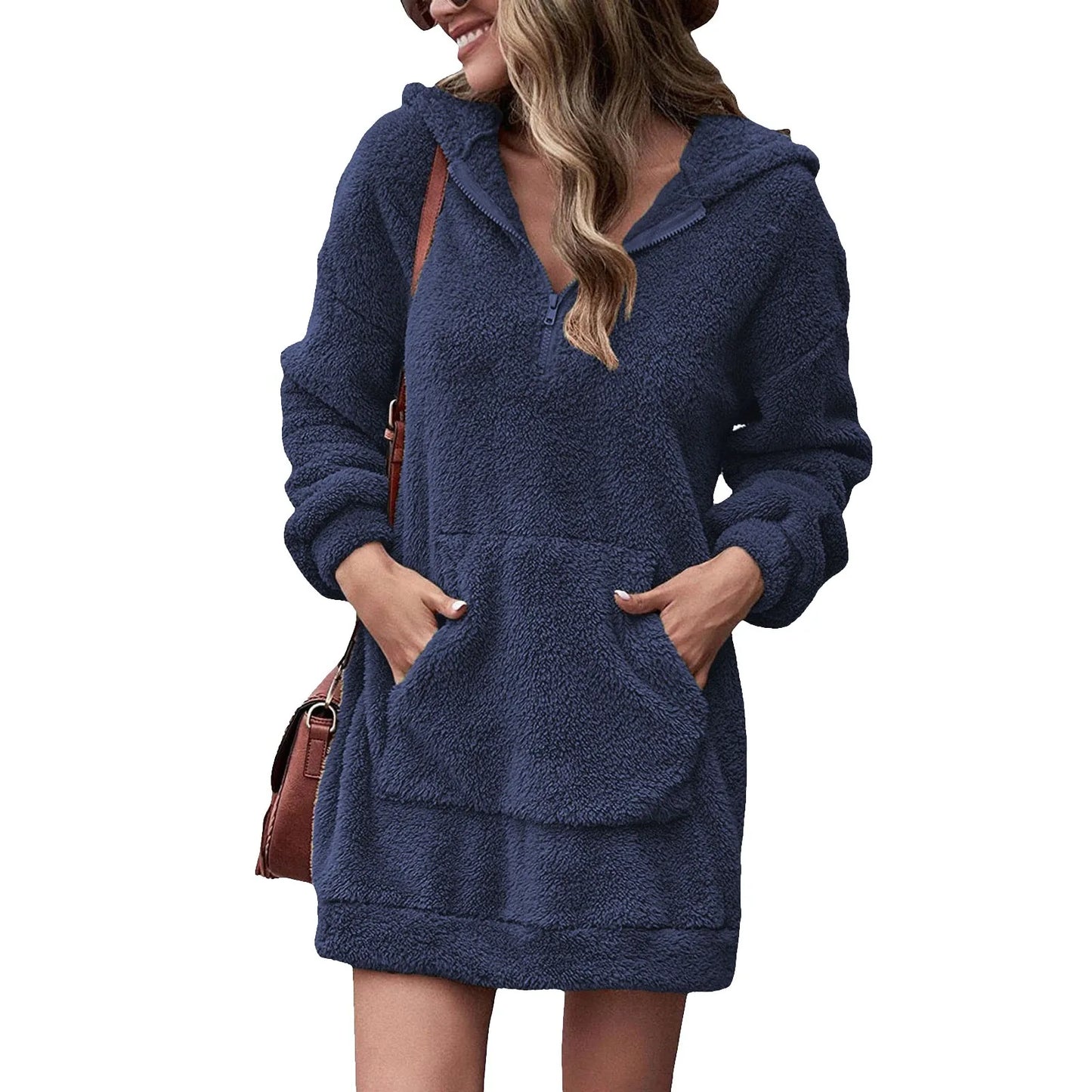 Autumn Winter Long Sleeve Plush Hoodies Women Warm Fluffy Flannel Pullover Pajama Loose Hooded Sweatshirts  Zipper Mini Dress