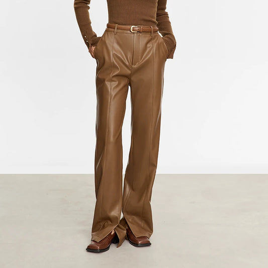 AMII Minimalist PU Leather Casual Pants for Women 2024 Autumn New Loose Floor Length Straight Slit Female Trousers 12343250