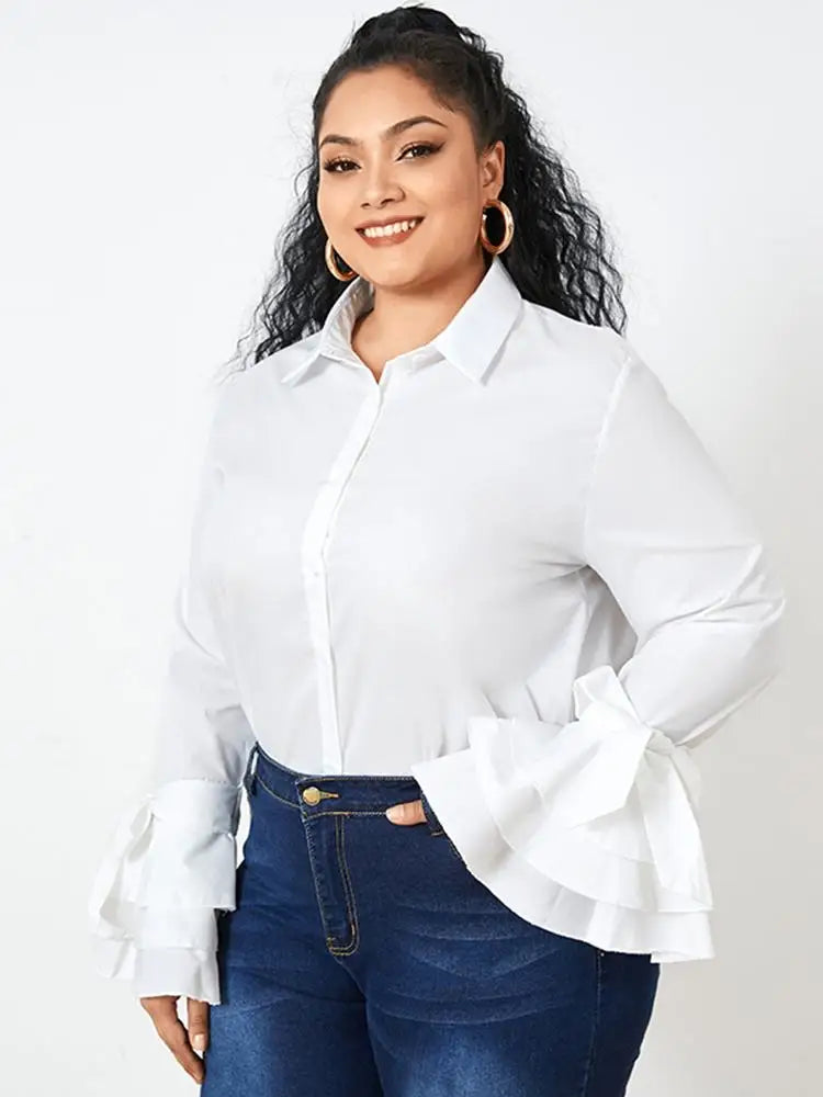 Plus Size 5XL VONDA Fashion Shirts White Blouse Women Autumn Long Flare Sleeve Tops Tunic Casual Solid Buttons Blusas Femininas