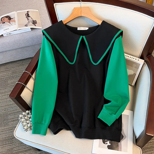 170Kg Plus Size Women's Bust 170 Spring Autumn Loose Contrast Doll Neck Sweatshirt Black 6XL 7XL 8XL 9XL 10XL 11XL