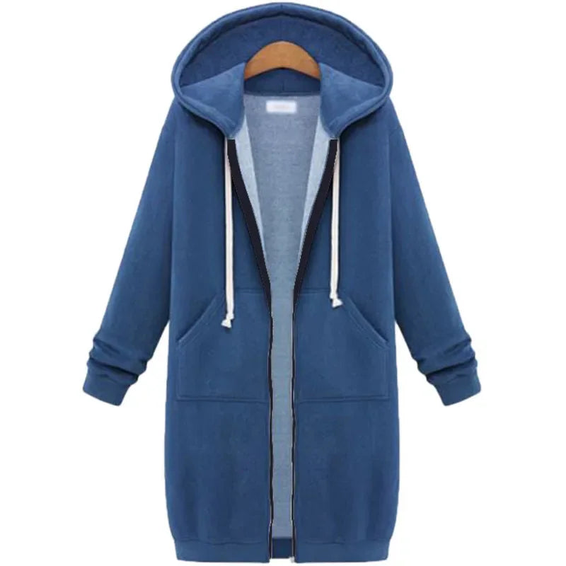 America Solid Color Hoodie Cardigan Women Autumn Winter Hip-hop Mid Long Velvet Pockets Hooded Zipper Windbreaker Jacket Top New