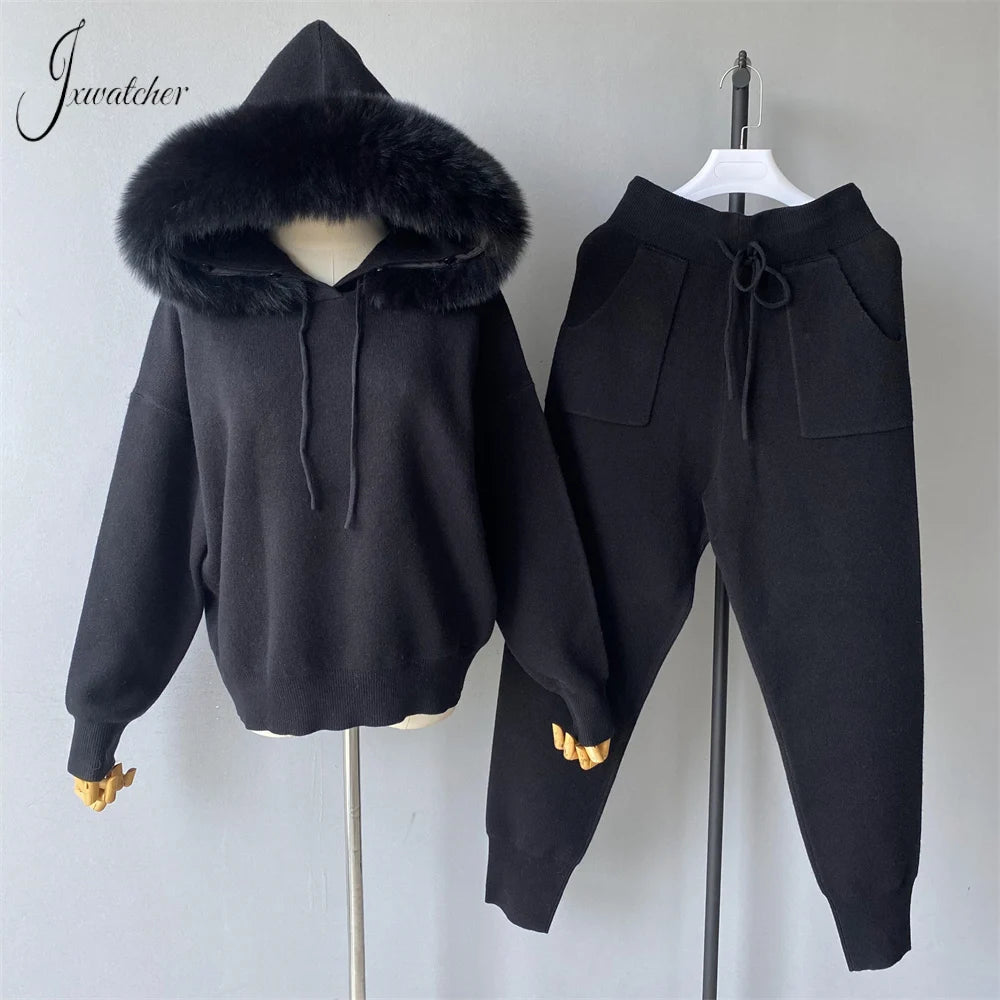 Jxwatcher Women's Sweater and Pant Sets With Real Fox Fur Collar Autumn Fashion Ladies Knitted Two Piece Set With Hooded Female