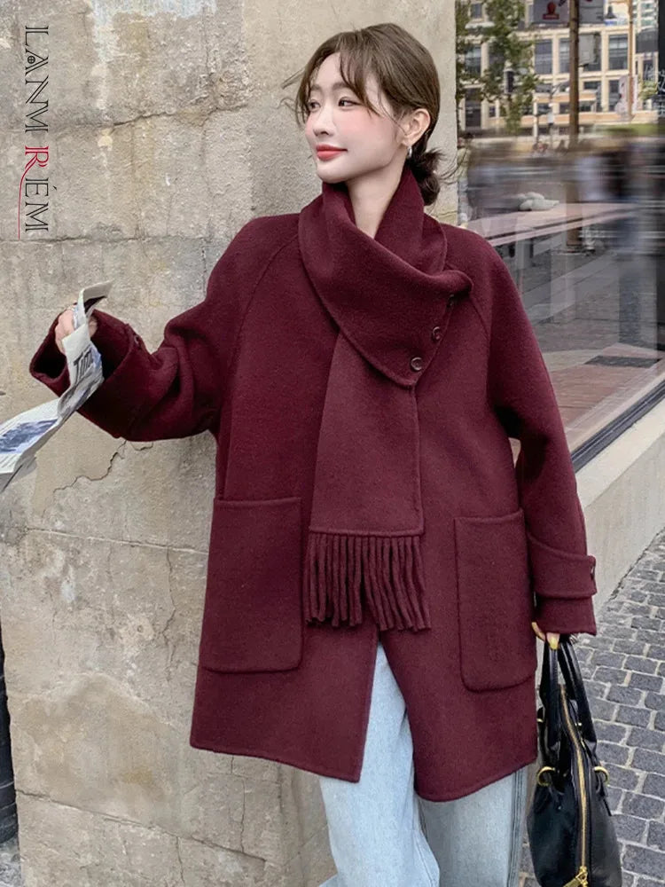 LANMREM Korean Style Women Short Wool Coat Scarf V Neck Solid Color Single Breasted Jackets Fashion Winter New Clothing 2VV1935