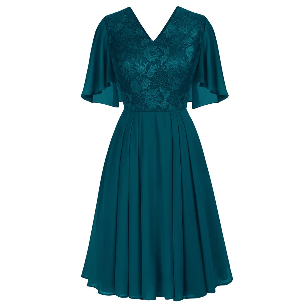 GK Women Lace Patchwork Dress Cape Sleeve V-Neck Flared A-Line Causal Fashion Party Evening Dresses Female Lady Elegant Gown