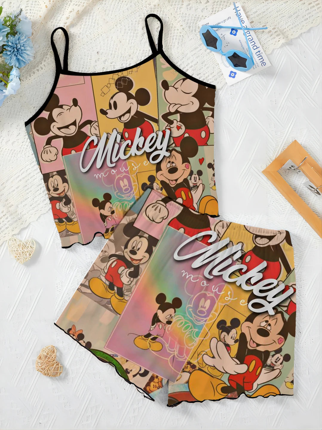 Top Disney Minnie Mouse Short Sets for Women 2 Pieces Lettuce Trim T-shirt Mickey Slip Dress Women's Suit Pajama Skirt Elegant