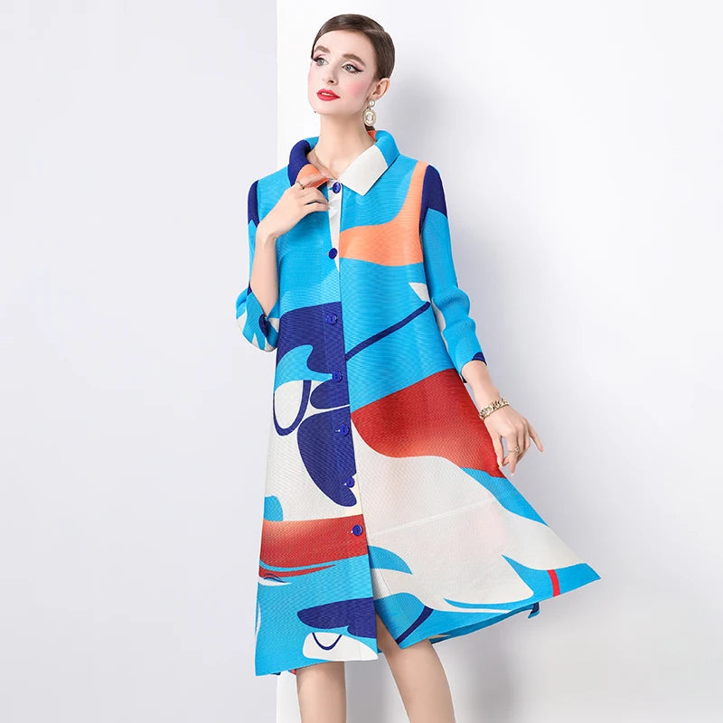 Miyake Pleated Large Size Shirt Dress Women's 2024 Autumn New Colorblock Print Stand Collar Loose Fat MM Slim Stretch Cardigans