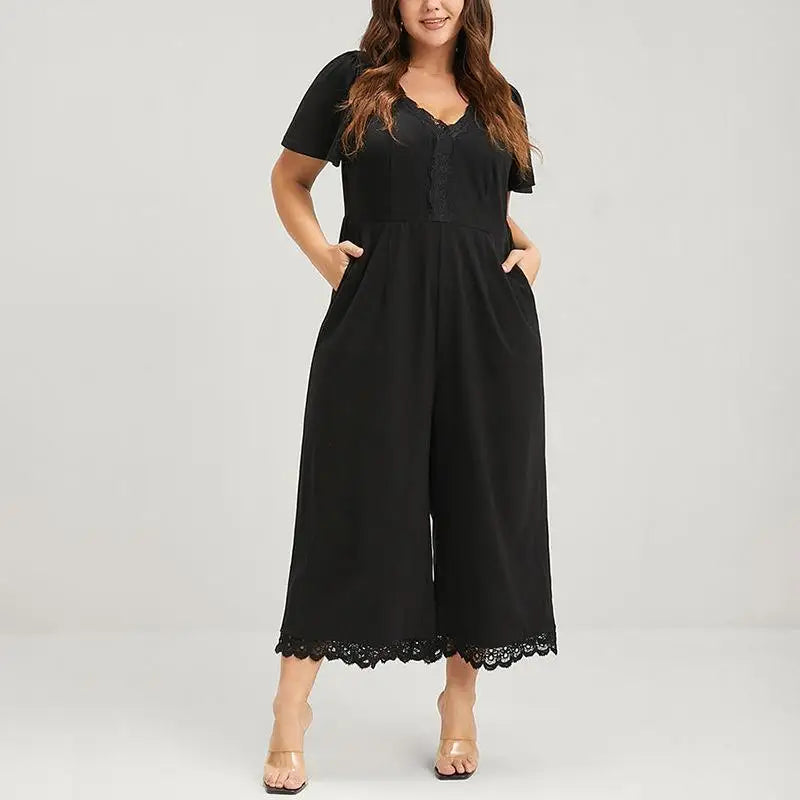 Women Jumpsuit 2024 Summer New Fashion Elegant Plus Size Female Knitted Lace Splicing Temperament Jumpsuit Casual Solid Color