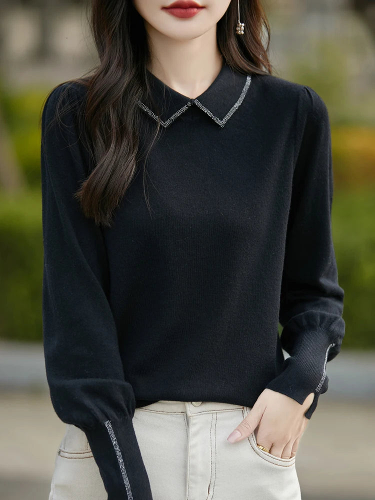 Women Merino Wool Sweater Polo Collar Lantern Sleeve Pullover Autumn Winter Knitted Clothing Diamond Long Sleeve Bottoming Tops