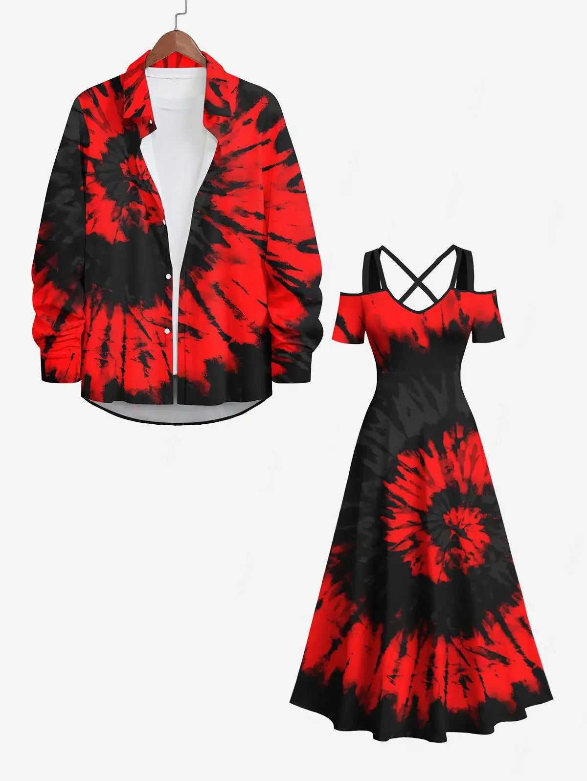 Plus Size Spiral Tie Dye Printed Halloween Costume Crisscross A Line Maxi Dress And Halloween Button Shirt For Men 2024 Women