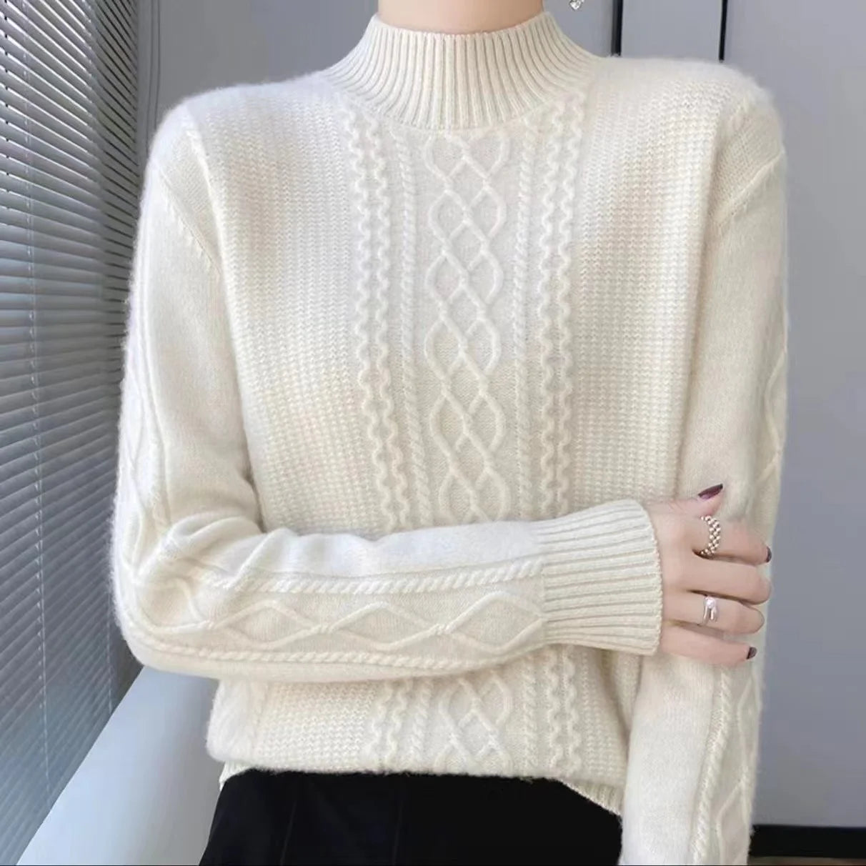Women's Sweater Autumn Winter Outside Wear Pullovers Half High Collar Knitwear Fashion Long Sleeve Pull Femme Sueter Tops