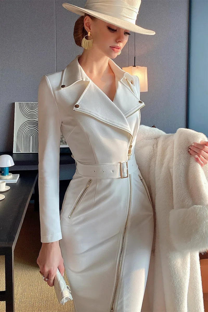 Dabuwawa Spring Autumn Female Vintage Women Large Lapel Knigt Sytle Slim Wrap Hip Zipper Dress 2023 DF1CDR019