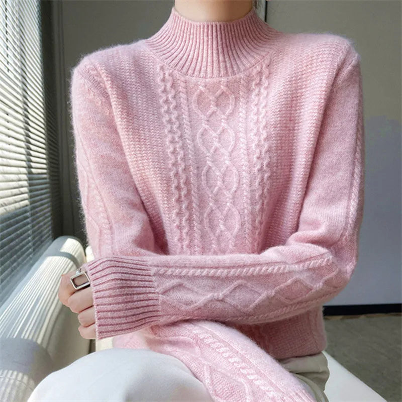 Women's Sweater Autumn Winter Outside Wear Pullovers Half High Collar Knitwear Fashion Long Sleeve Pull Femme Sueter Tops