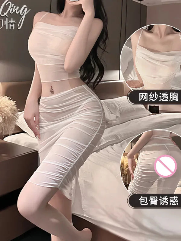 Love Veil Perspective Erotic Women's Hot Secretary Uniform Pajamas Dress Elegant Sweet Korean Women Mini Dress 2024 New Tops 3N8