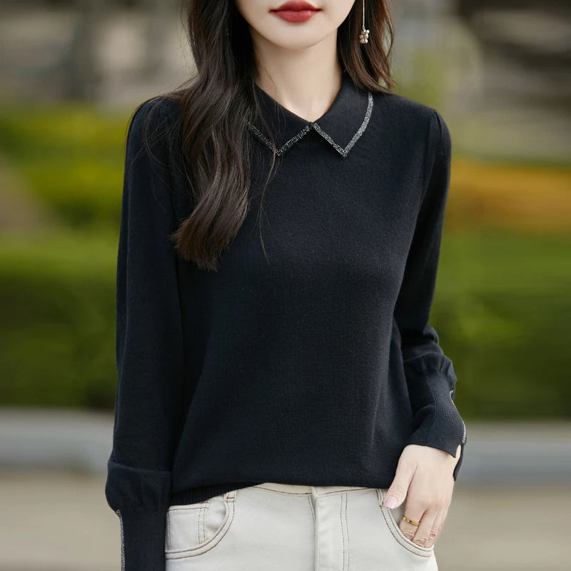 Women Merino Wool Sweater Polo Collar Lantern Sleeve Pullover Autumn Winter Knitted Clothing Diamond Long Sleeve Bottoming Tops