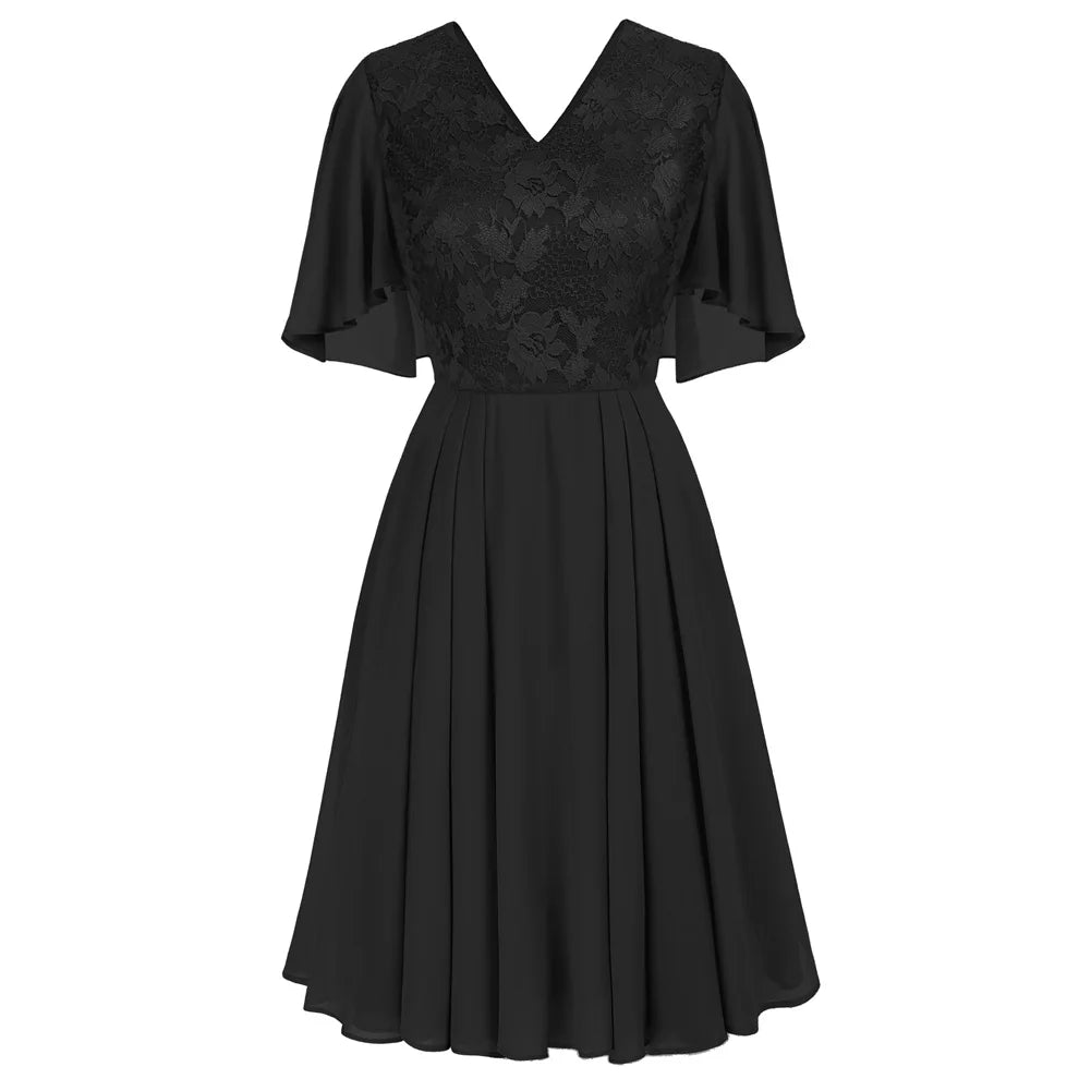 GK Women Lace Patchwork Dress Cape Sleeve V-Neck Flared A-Line Causal Fashion Party Evening Dresses Female Lady Elegant Gown