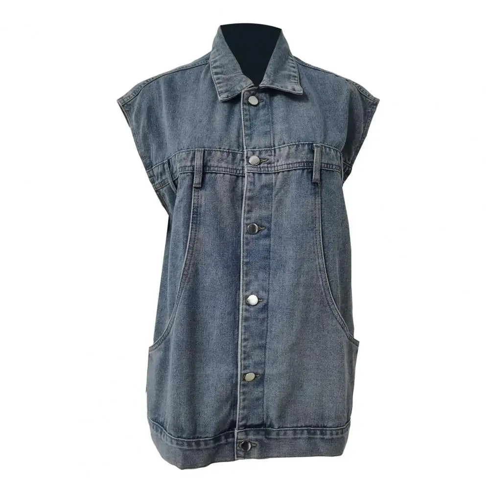 Denim Waistcoat Stylish Women's Denim Vest with Big Pockets Single-breasted Design Casual Sleeveless Jacket for Streetwear Retro