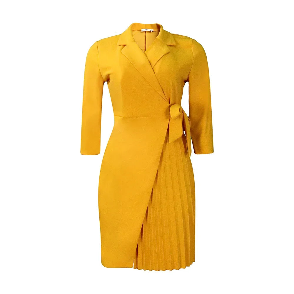Women Dresses Long Sleeve Turn Down Collar Cardigan Party Dress Solid Vestidos Office Lady Loose Fit Pleated Autumn Belt