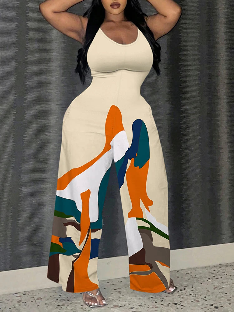 LW Full Jumpsuit Women Autumn 2024 Elegant Sleeveless Tank Baggy Pants Fashion Casual Print Bodysuit Plus Size Womens Clothing