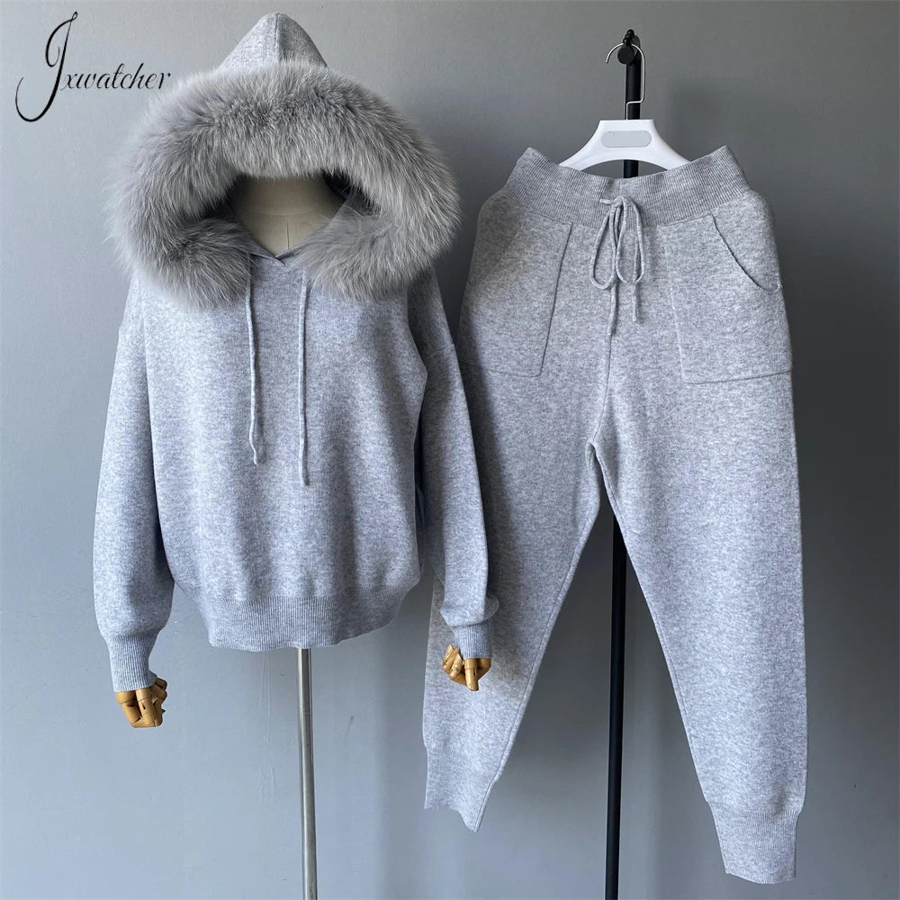 Jxwatcher Women's Sweater and Pant Sets With Real Fox Fur Collar Autumn Fashion Ladies Knitted Two Piece Set With Hooded Female