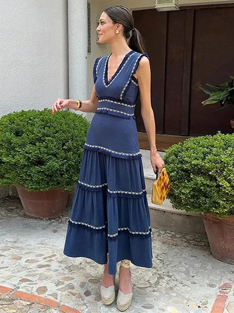 Chic Elegant Tassel Spliced Print Ruffles Long Dress Women Fashion V Neck Sleeveless A-line Robe 2024 Chic Lady Holiday Robe