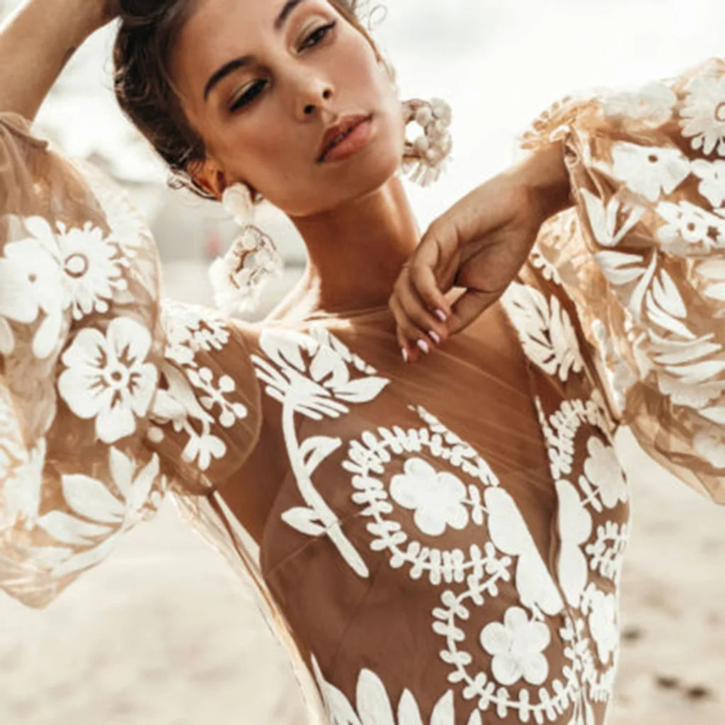 Dress Sleeve Gown Boho Backless Holiday V-Neck Pantern Women Evening Women's Dress Formal Floral Gown Wedding Wing Dress