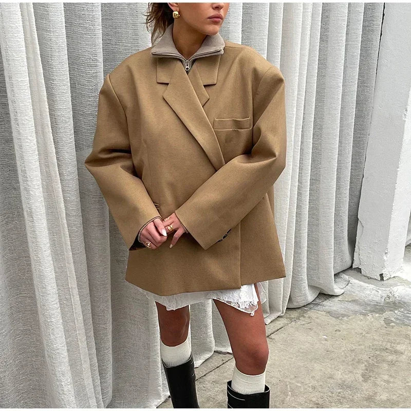 2024 Casual Suit Blazer Coat Women Oversized Double Button Notched Side Slit Jacket Female Autumn Office Shoulder Pads Lady Tops