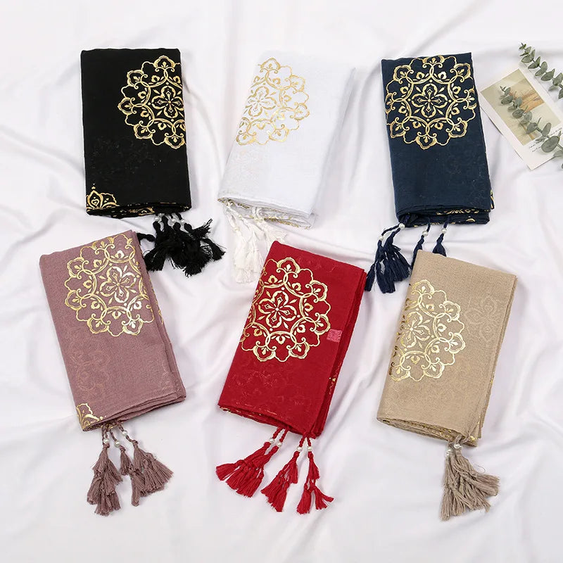 Luxury Paisley Hijab Ladies Headscarf Muslim Chiffon Bronze Breathable Scarfs Cap Women Oversize Print Shawl Wrap Headscarves