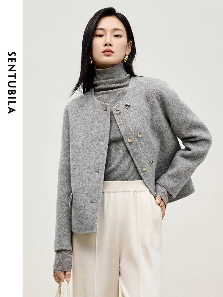 SENTUBILA Women Short Grey Woolen Coat 2024 Elegant Crew Neck Metal Double Breasted Short Jackets Winter Outerwear W44O56641