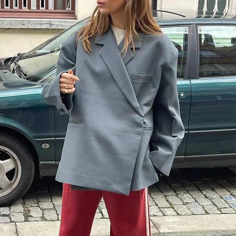 2024 Casual Suit Blazer Coat Women Oversized Double Button Notched Side Slit Jacket Female Autumn Office Shoulder Pads Lady Tops