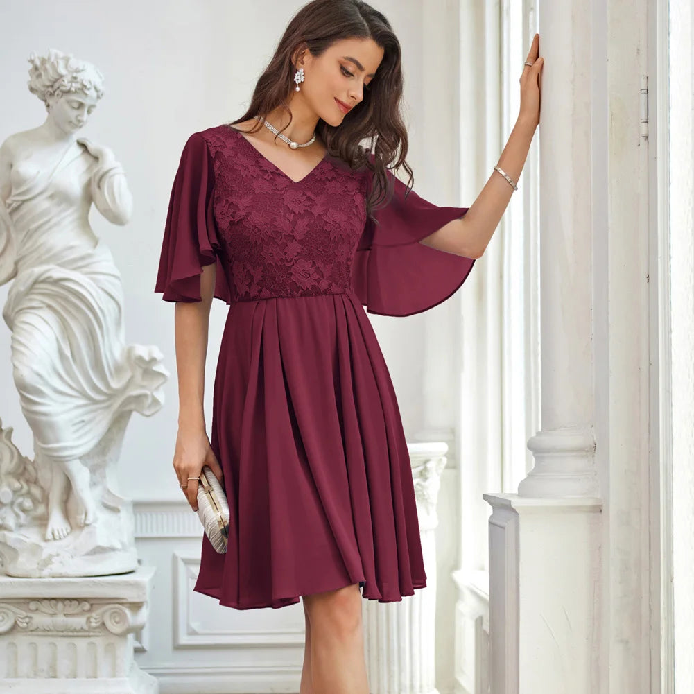 GK Women Lace Patchwork Dress Cape Sleeve V-Neck Flared A-Line Causal Fashion Party Evening Dresses Female Lady Elegant Gown