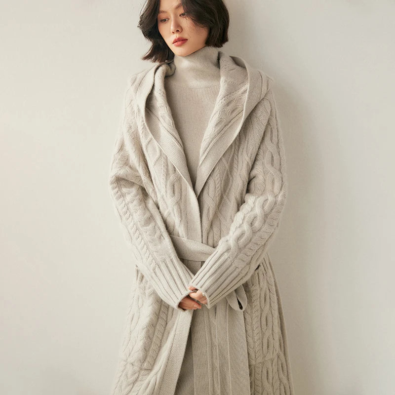 Luxury Women's Long Coat Hooded Cardigan 100% Cashmere Sweater Autumn Winter Thick Lace-up Knitwear Cashmere Clothing Warm Tops