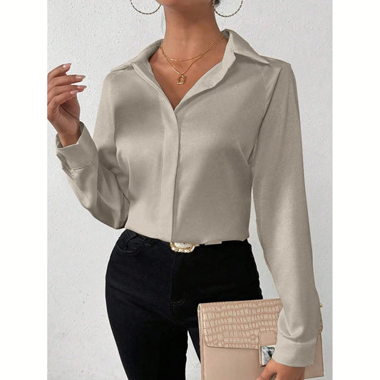 Mia Muse Women's Shirts Autumn Elegant Decent Plain Long Sleeve Shirt Collar Workwear Shirts