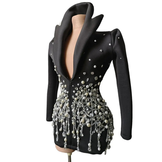 Women Black Blazer Design Sparkly Rhinestone Performance Dress Singer DJ DS Night Club Bar Stage Wear Drag Queen Costume Feiji