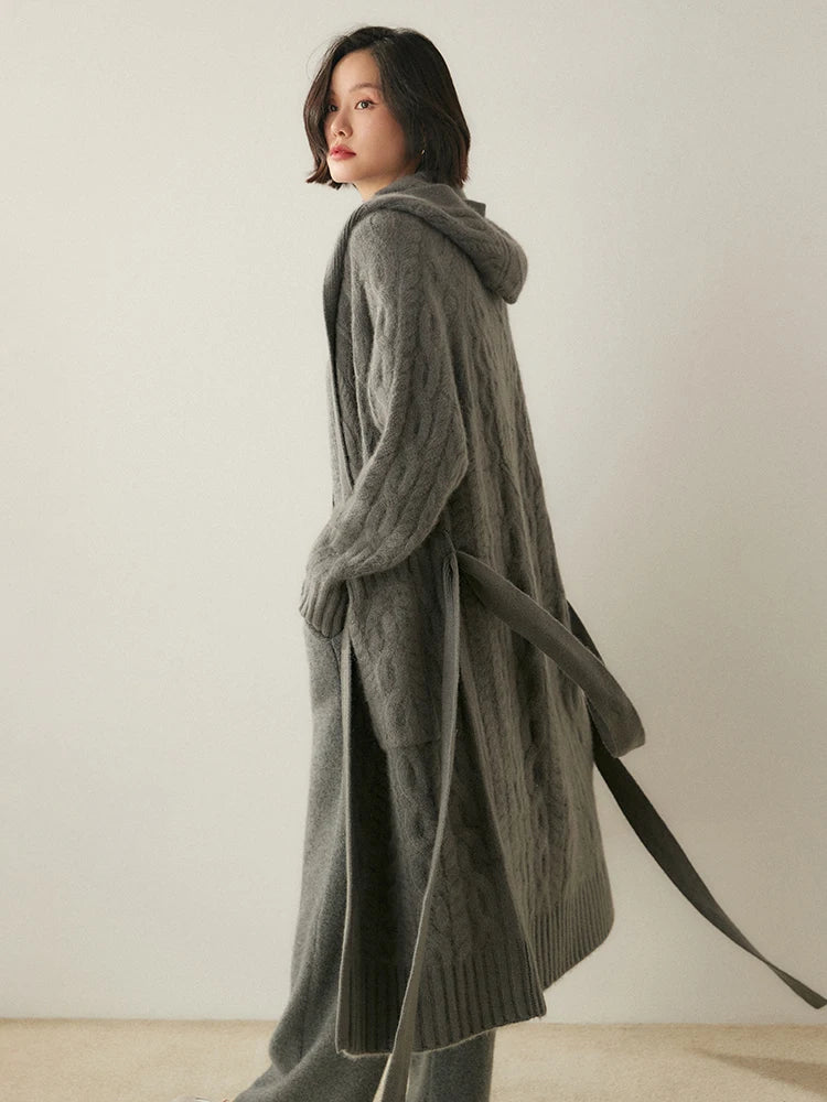 Luxury Women's Long Coat Hooded Cardigan 100% Cashmere Sweater Autumn Winter Thick Lace-up Knitwear Cashmere Clothing Warm Tops