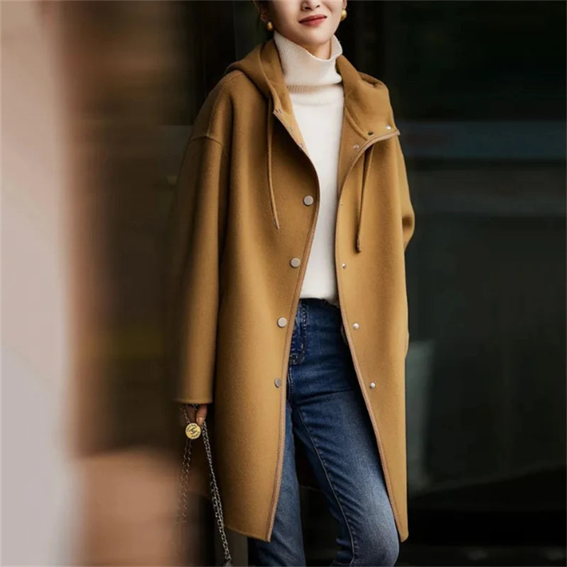 Autumn Winter Woolen Jacket Women New Loose Drawstring Hooded Coat Pure Colour Outerwear Fashion Covered Button Overcoat Female