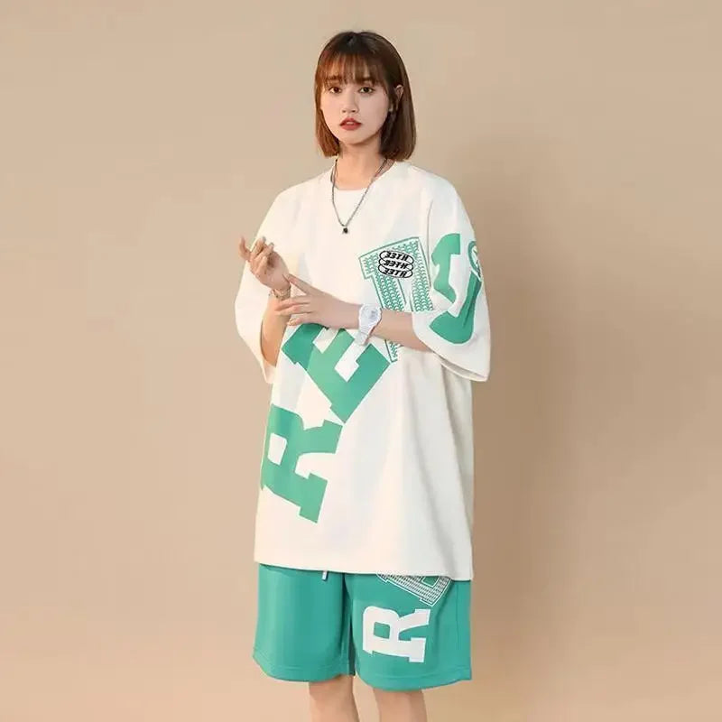 Two Piece Women Clothing Tracksuit Oversized Shorts Sets Summer New Korean Fashion Short Sleeve Tops Female Sports Casual Suits