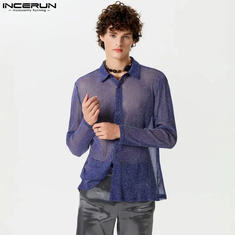 2024 Men Shirt Shiny Solid Color Lapel Long Sleeve Button Streetwear Party Fashion Men Clothing Casual Camisas S-5XL INCERUN