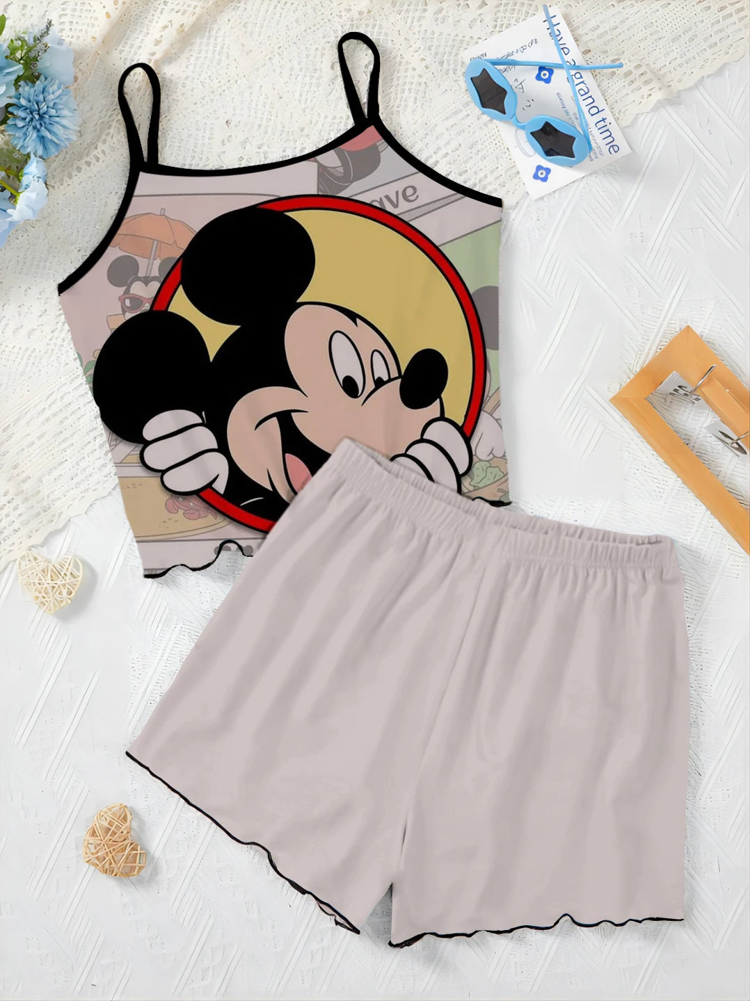 Top Disney Minnie Mouse Short Sets for Women 2 Pieces Lettuce Trim T-shirt Mickey Slip Dress Women's Suit Pajama Skirt Elegant