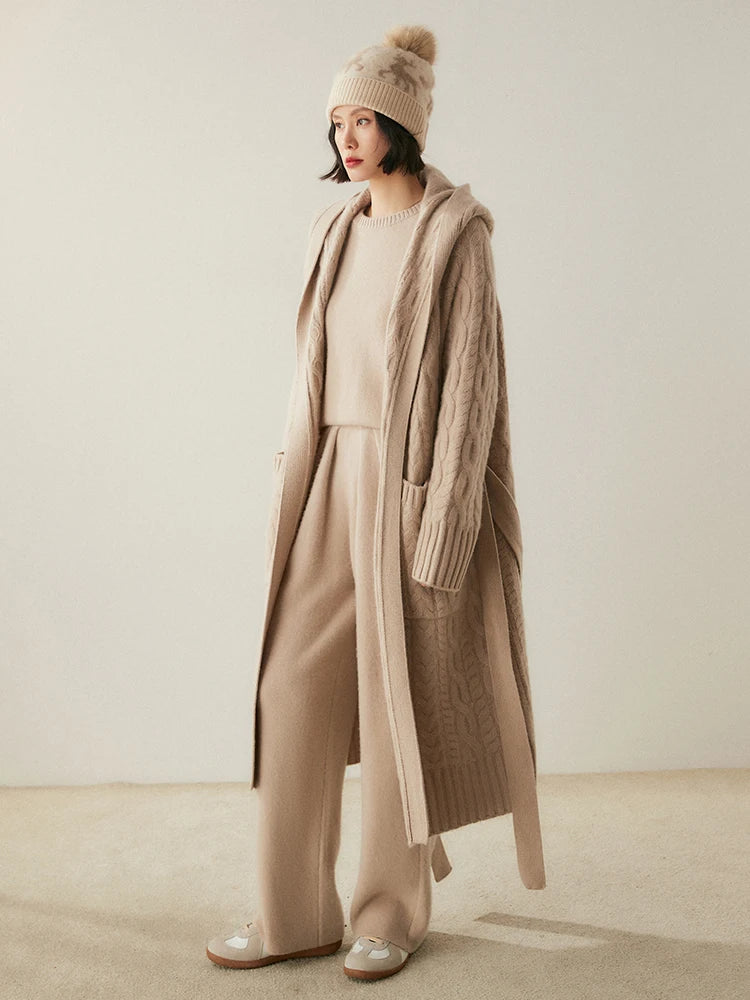 Luxury Women's Long Coat Hooded Cardigan 100% Cashmere Sweater Autumn Winter Thick Lace-up Knitwear Cashmere Clothing Warm Tops