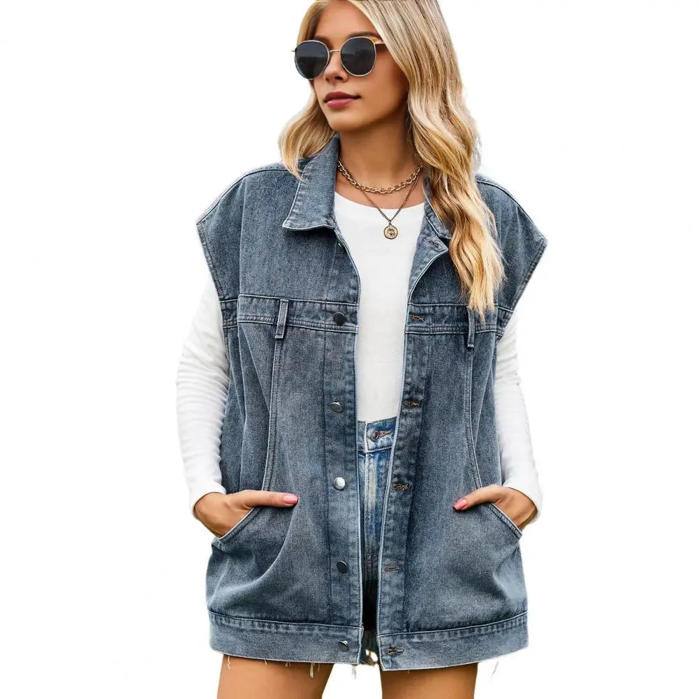 Denim Waistcoat Stylish Women's Denim Vest with Big Pockets Single-breasted Design Casual Sleeveless Jacket for Streetwear Retro