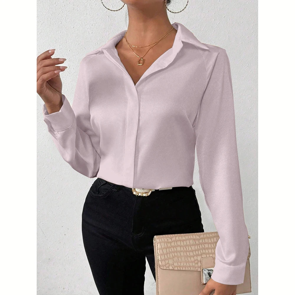 Mia Muse Women's Shirts Autumn Elegant Decent Plain Long Sleeve Shirt Collar Workwear Shirts